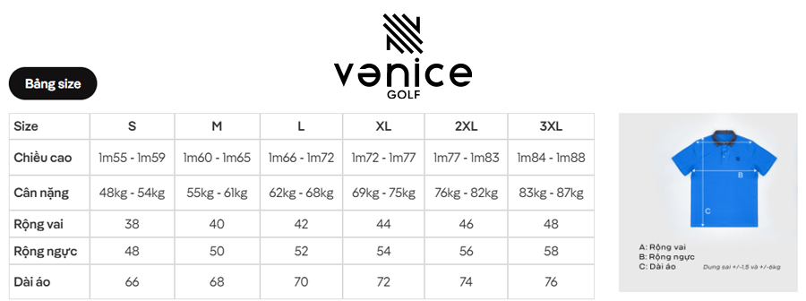 bảng size áo Vanice Golf