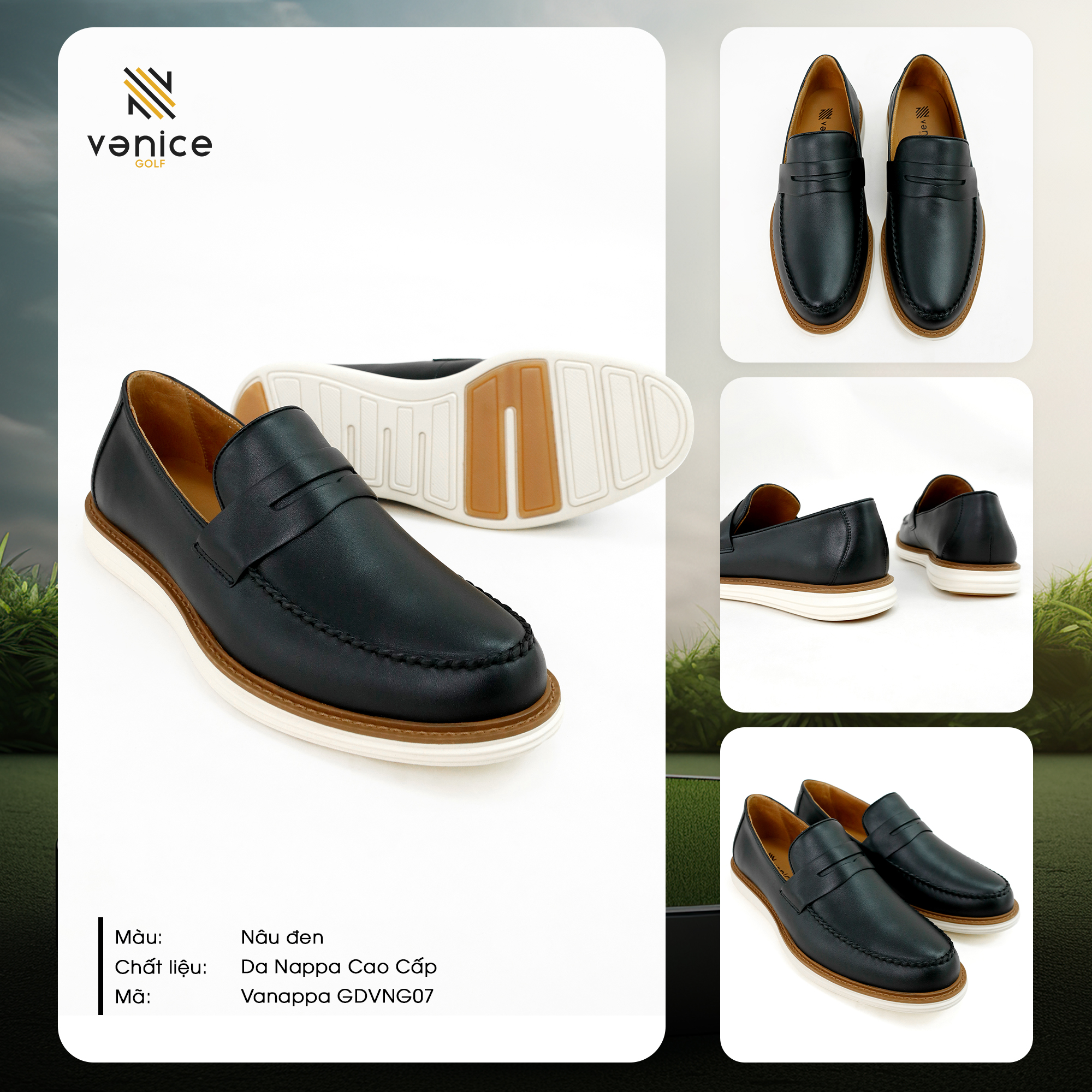 Giày golf loafer nâu đen Vanice Golf da Nappa cao cấp, phong cách tinh tế và hiện đại