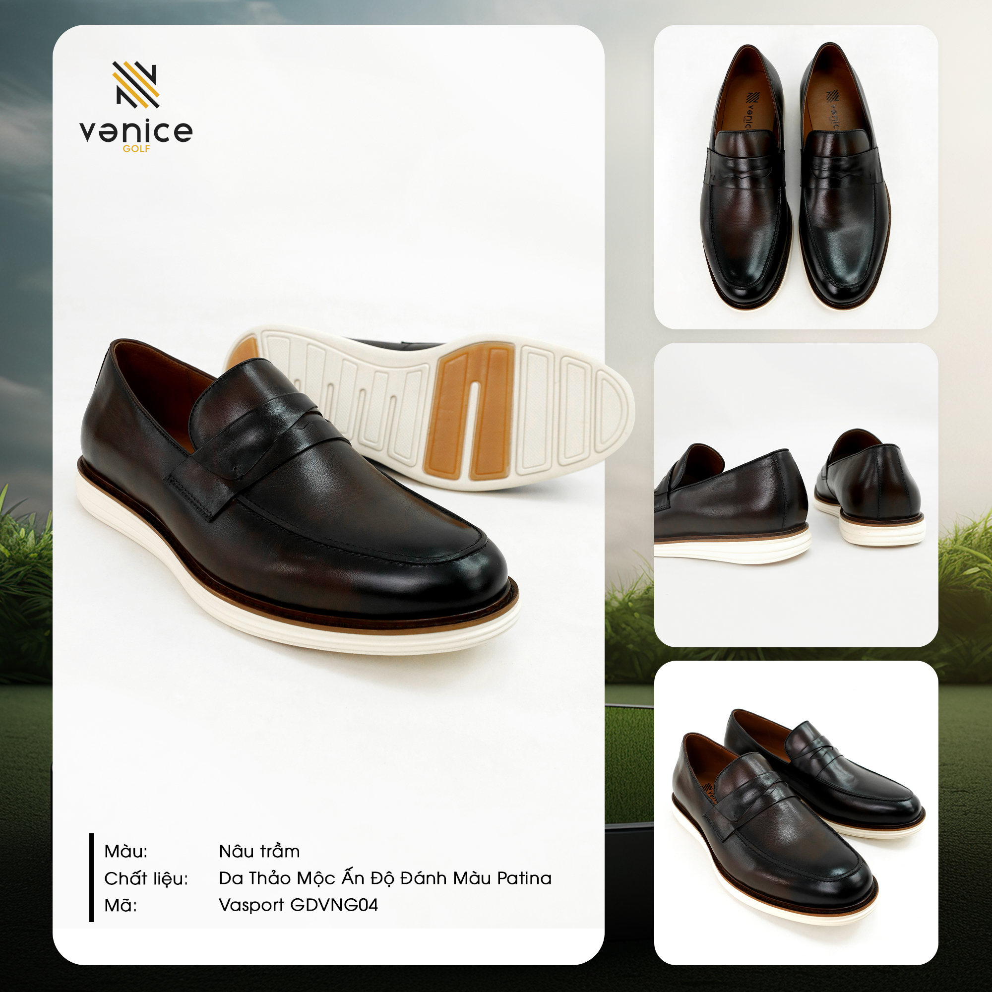 Giày golf loafer nâu trầm Vanice Golf da thảo mộc Ấn Độ, đánh màu patina thủ công độc đáo