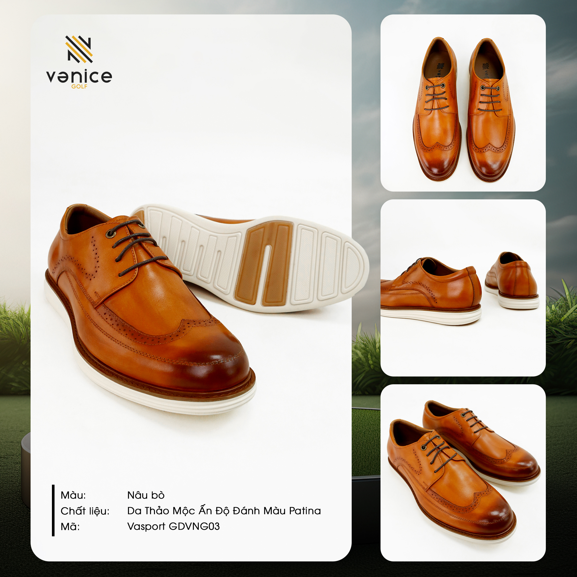 Giày golf Oxford nâu bò Vanice Golf da thảo mộc Ấn Độ, kỹ thuật patina thủ công tinh xảo