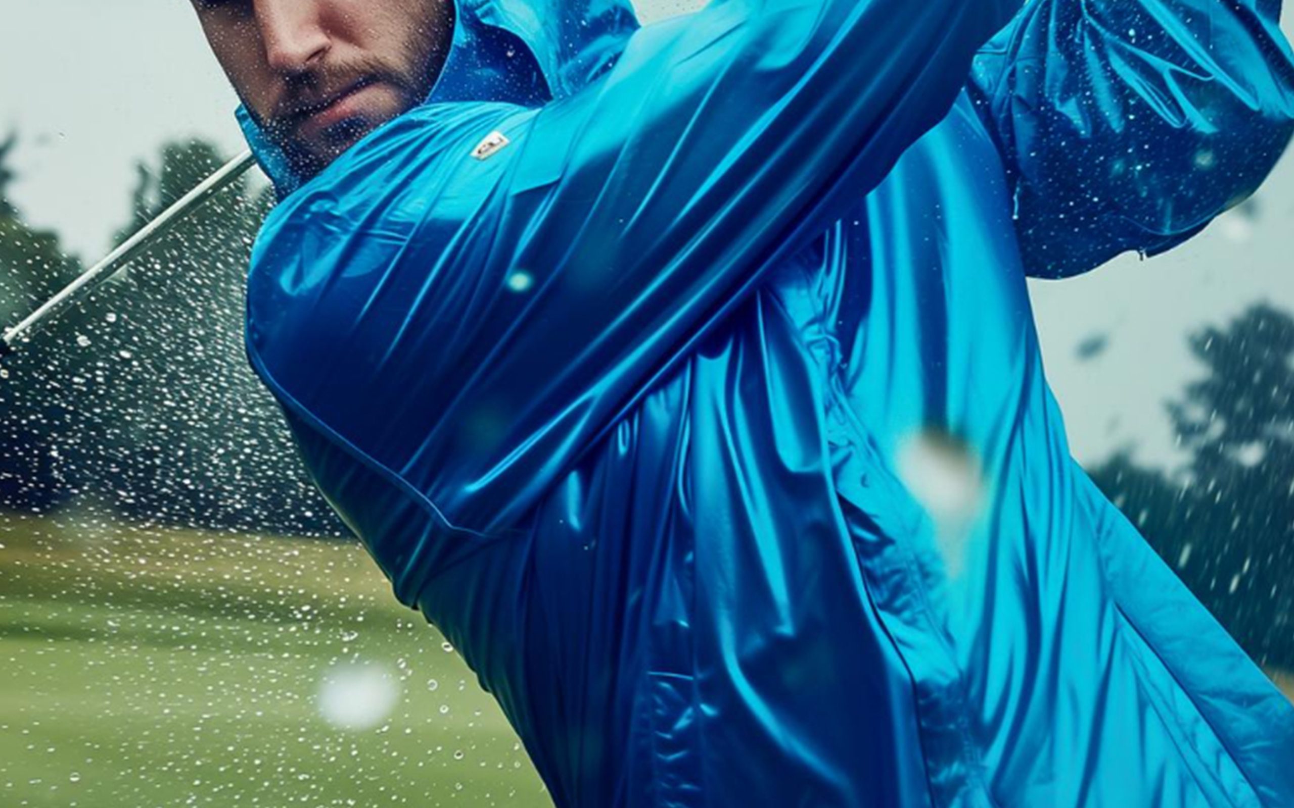 Golfer mặc áo khoác chống thấm màu xanh đánh golf dưới mưa - lưu ý khi chơi golf mùa mưa bão