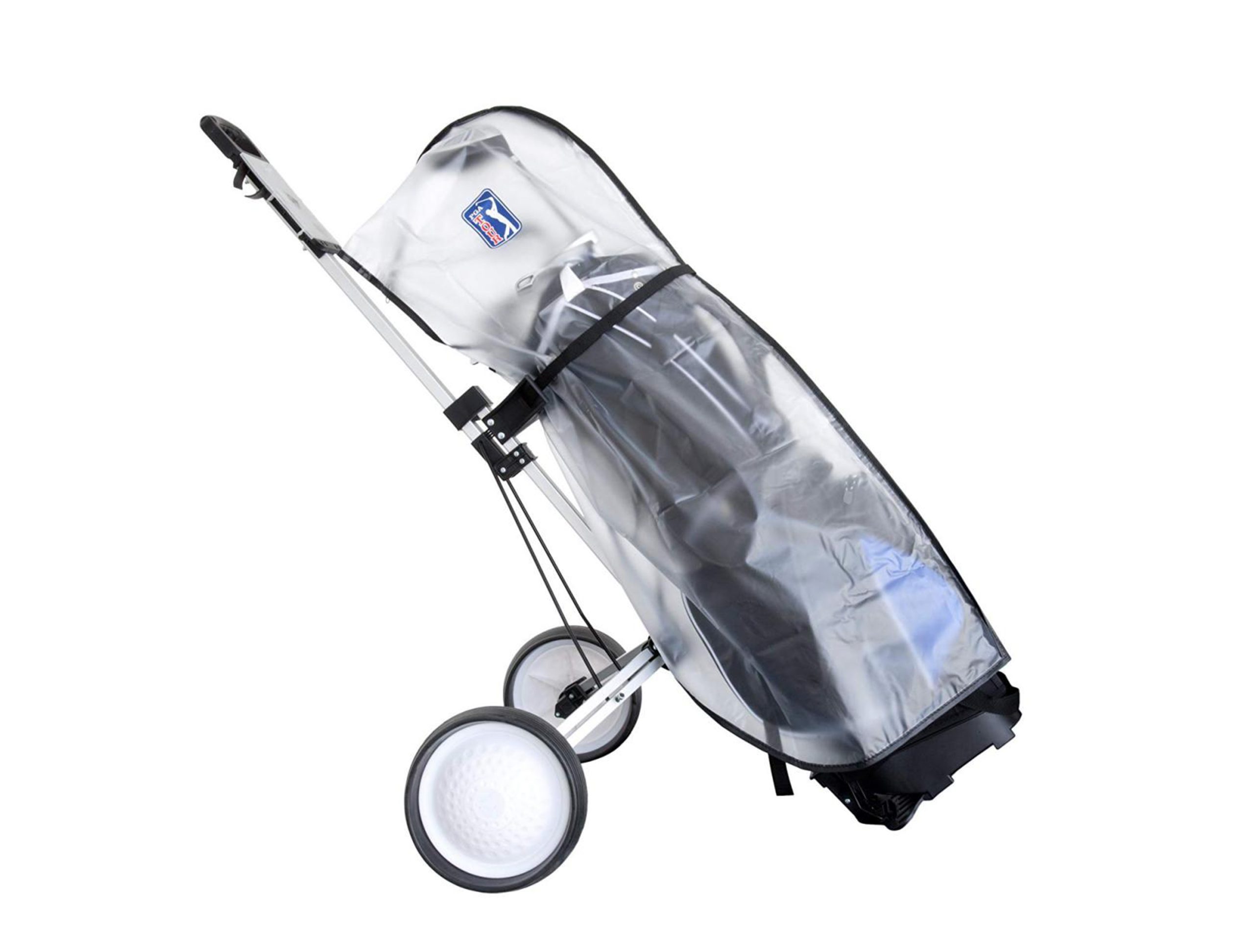 Túi gậy golf được bọc áo mưa bảo vệ trên xe đẩy - lưu ý khi chơi golf mùa mưa bão